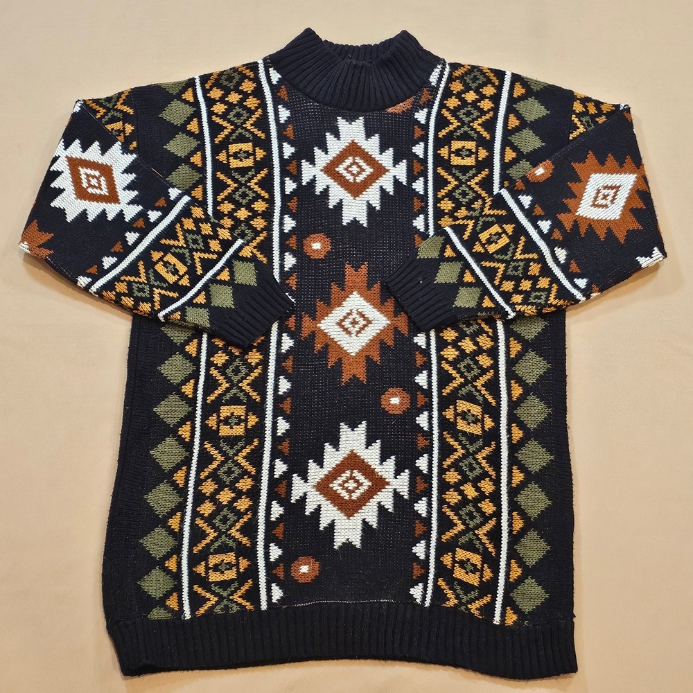 Vintage Clifton Place Southwestern Mock Neck Sweater Black Aztec Made in USA